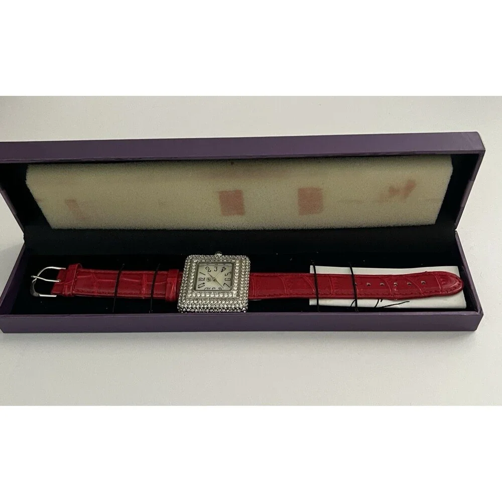 Suzanne Somers Collection Crystal Rhinestones Red Leather Womens Quartz Watch